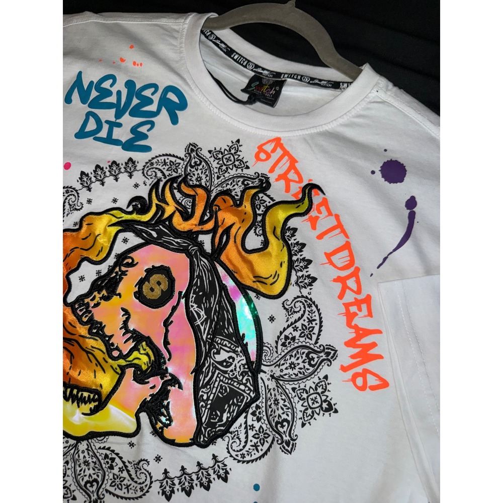 Switch Remarkable Mens XL White Street Dreams Skull Graffiti T-Shirt SS2131 NEW